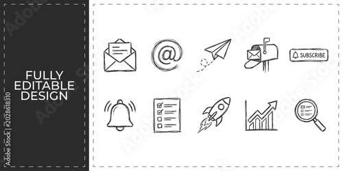 Schilderij op canvas Hand drawn communication and mail icons with envelope megaphone and digital news