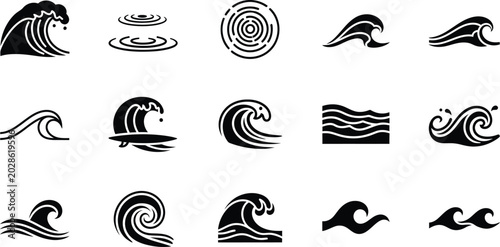Vászonkép Ocean wave silhouettes collection diverse water crests ripples and surfing graph