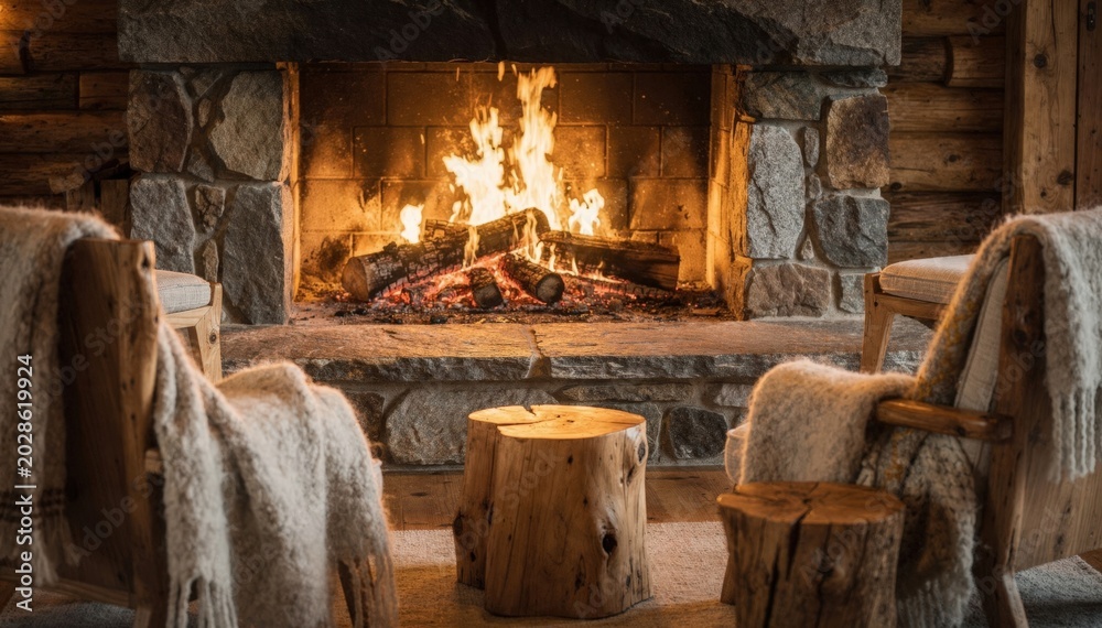 Fototapeta premium Warm lodge fireplace scene with flickering flames sharply detailed soft outoffocus wool throws and natural wood stools arranged around the stone hearth.