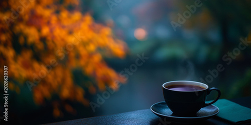 A steaming coffee cup sits on a balcony overlooking a city in autumn. 