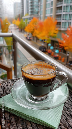 A steaming coffee cup sits on a balcony overlooking a city in autumn. 