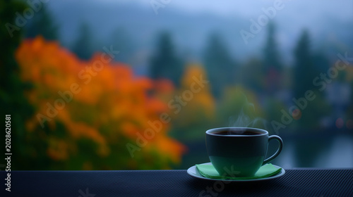 A steaming coffee cup sits on a balcony overlooking a city in autumn. 