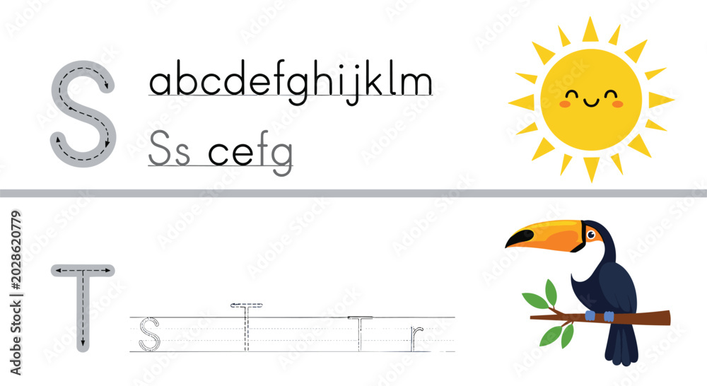 Naklejka premium Alphabet tracing worksheet for the letters S and T features a smiling yellow sun and a colorful toucan bird on a branch.