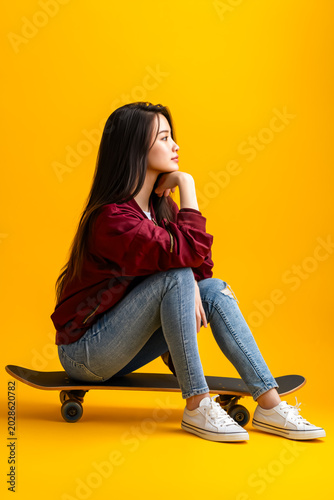 young girl sitting on a skateboard isolated on yellow background, Urban fashion, youth lifestyle and street style concept. mockup for skateboarding