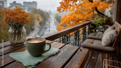 A steaming coffee cup sits on a balcony overlooking a city in autumn. 