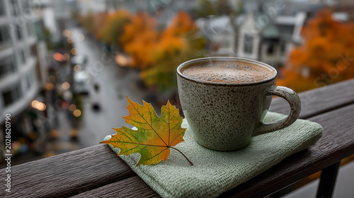 A steaming coffee cup sits on a balcony overlooking a city in autumn. 