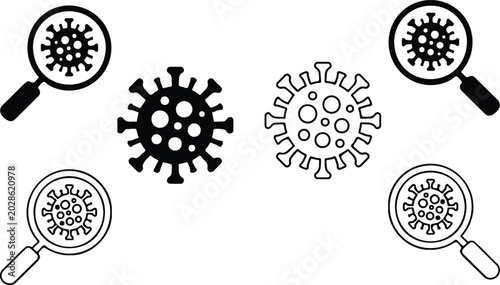 Coronavirus bacteria cell and magnifying glass icons set flat vector illustration for medical research science disease prevention and lab analysis.