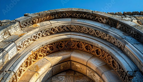 Romanesque stone arch tympanum with intricate biblical carvings in heritage architecture detail