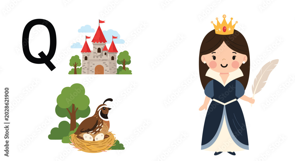 Fototapeta premium Letter Q alphabet educational card with a beautiful queen holding a quill, a royal castle, and a cute quail bird sitting in its nest.