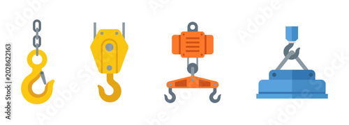 Photos Industrial crane hook and lifting equipment icons featuring pulley hoist magneti