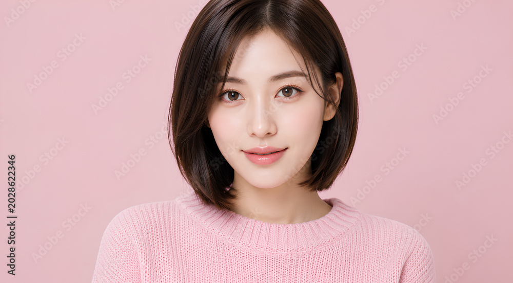 Fototapeta premium Young Asian Woman Beauty Portrait on Pink Background
