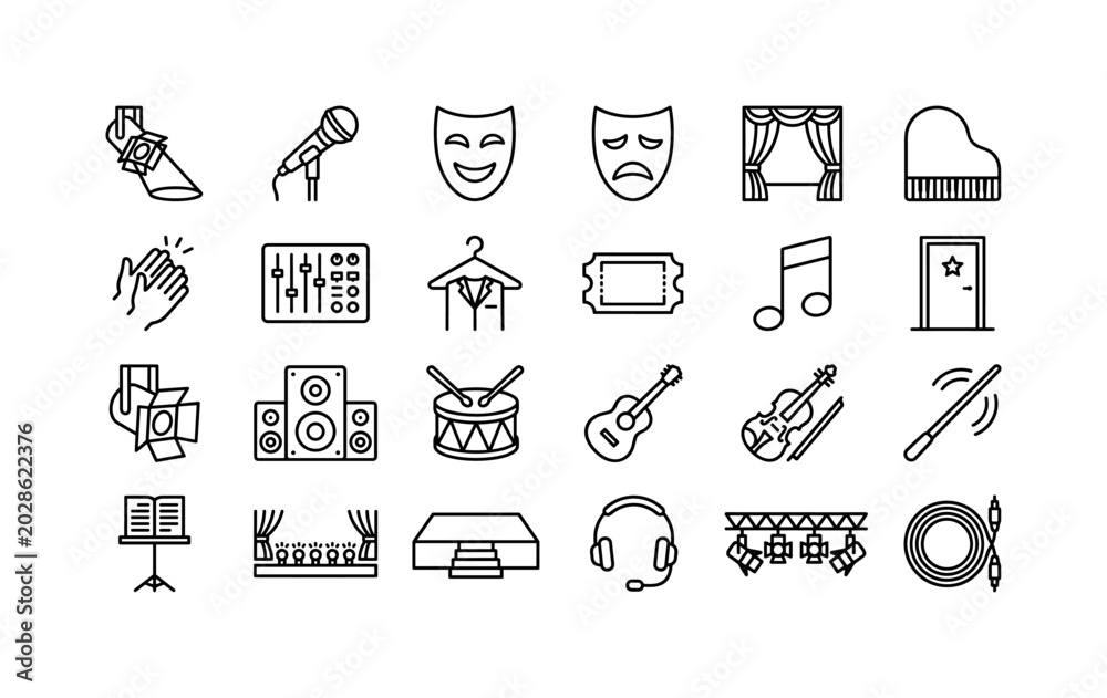 Fototapeta premium Stage Performance Gear. Line icon set of theater and music performance elements: stage spotlight, microphone, comedy mask, tragedy mask, curtain, piano, applause hands, audio mixer, costume hanger,