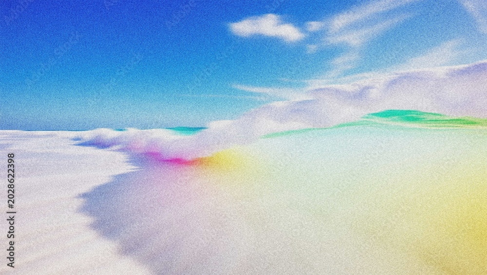 Fototapeta premium Dreamy abstract ocean wave illustration, vibrant rainbow colors, ethereal pastel gradient, tranquil beach scene, digital art for serene backgrounds and creative projects 4K grainy texture