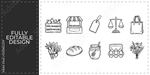Cuadro en lienzo Hand drawn grocery and food icons with bread basket market stall and honey jar s