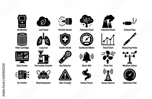 AQI Monitor Glyphs. Solid glyph icon set of air quality pollutant indicators: air monitor, leaf cloud, particle sensor, pollution cloud, industrial stack, exhaust pipe, filter cartridge, lung icon,