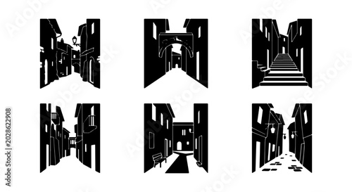 Εκτύπωση καμβά Vector Cityscape Silhouettes, Urban Street Views, Architectural Perspectives, Bl