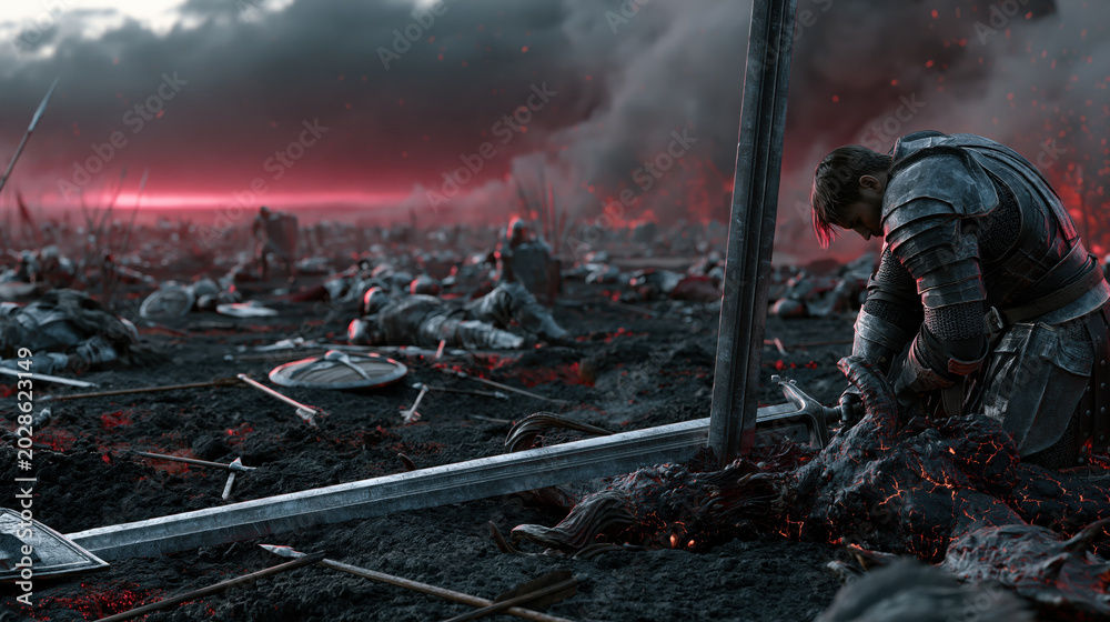 Naklejka premium Dark fantasy battlefield warrior, medieval armor soldier, ruined war landscape, fallen fighter grief, dramatic red sky sorrow, epic war aftermath, cinematic despair scene