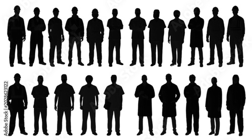 Black silhouettes of men standing in two rows isolated on transparent background, Vector