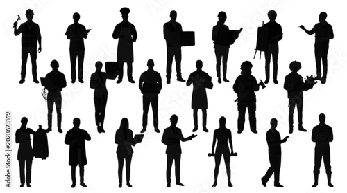 Black silhouettes of people in various poses isolated on transparent background, Vector