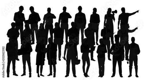 Group of people black silhouettes standing together isolated on transparent background, Vector