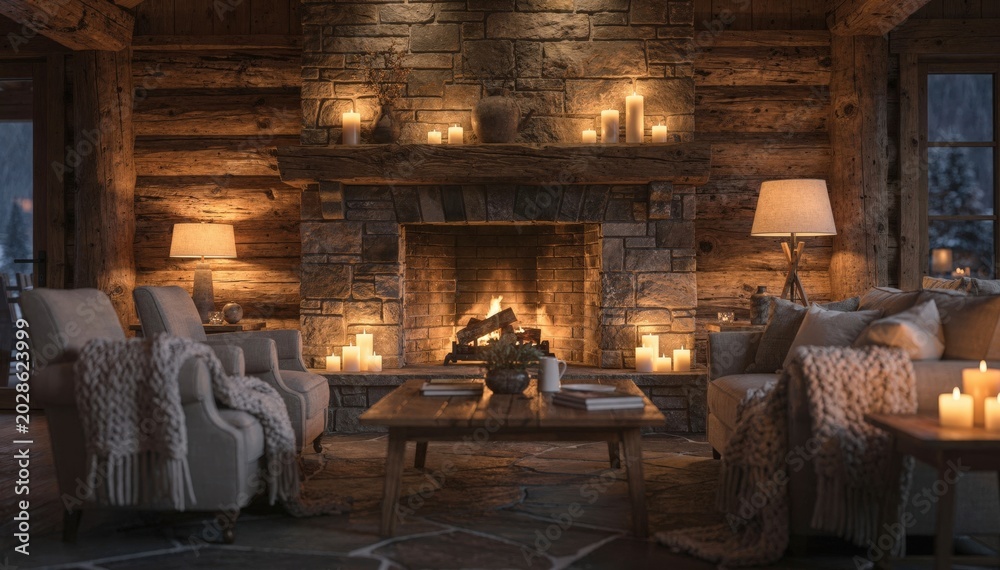 Fototapeta premium Rustic lodge hearth with the focus on the unlit brick firebox blurred candles and cozy seating arranged for warmth and relaxation on a quiet mountain evening.