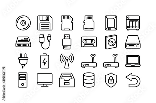 Portable Media Systems. Line icon set of removable backup hardware: optical disc, floppy disk, sd card, micro sd card, solid state drive, nas enclosure, docking station, cable adapter, flash card