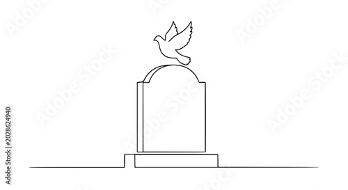 Fotografie Dove flying over tombstone, continuous line drawing, symbol of peace and remembr