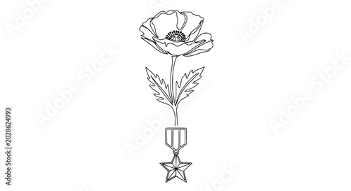 Photos Remembrance Poppy and Military Medal Line Art - Symbol of Memory and Sacrifice