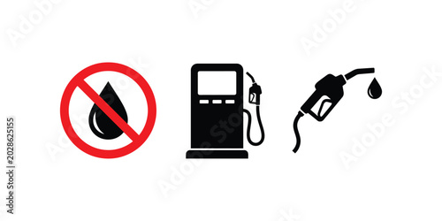 Gas station icons, fuel pump and drop symbols, no gasoline sign flat design vector set.