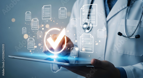 Doctor interacting with digital medical documents and checklist on tablet healthcare