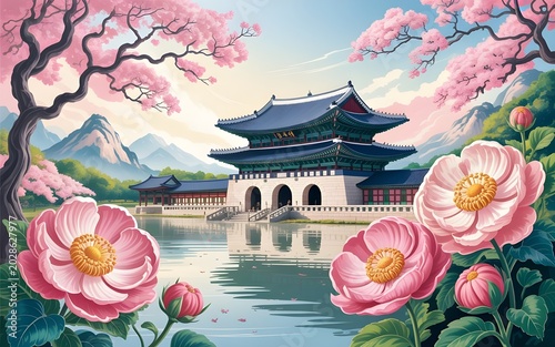 Traditional Asian temple with spring garden and peaceful park landscape