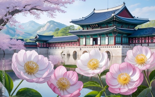Traditional Asian temple with spring garden and peaceful park landscape