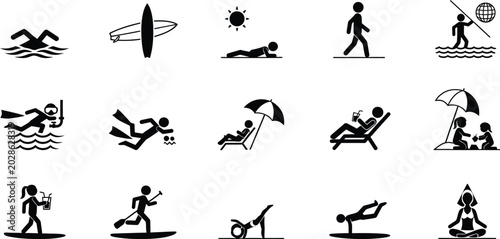 Foto Summer activities silhouette icons swimming surfing sunbathing beach relaxation