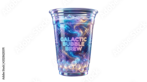 Holographic bubble tea cup, futuristic galaxy design, nobody, close-up, studio light, colorful