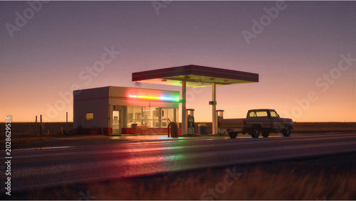 Obraz na płótnie Old rural gas station and pickup truck at sunset in desolate landscape