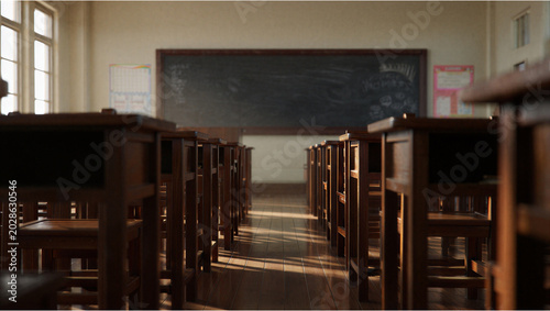 Empty traditional classroom with wooden desks and blackboard, classroom