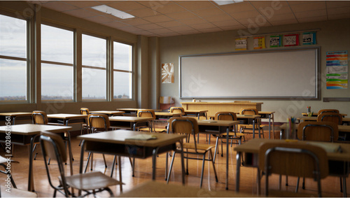 Fotografía Empty classroom with rows of desks and chairs school room classroom interior