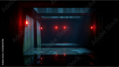 Foto Gloomy industrial corridor with red emergency lights and reflective wet floor