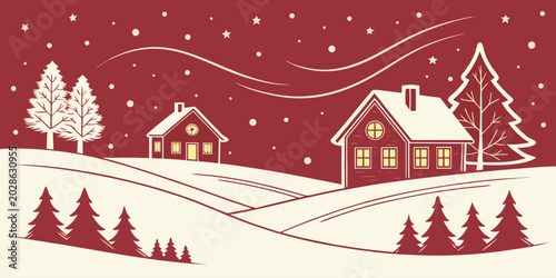 Foto Charming winter village illustration with snowy houses and red night sky backdro