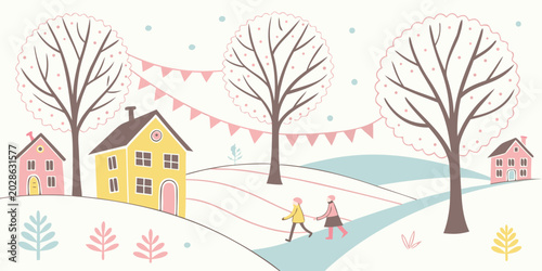 Canvas Print Winter village scene with decorated trees and walking people