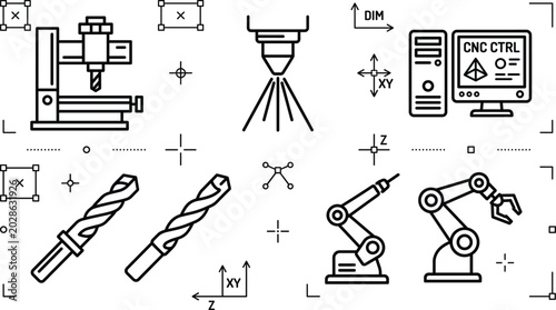 Cuadro en lienzo Industrial Manufacturing CNC Vector Icon Set with Robotic Arms Laser Cutting Com