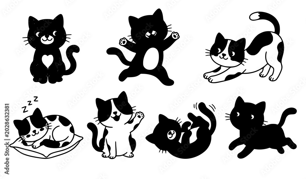 Obraz premium Cute Cartoon Cat Vector Set with Funny Kitten Poses for Kids Illustration