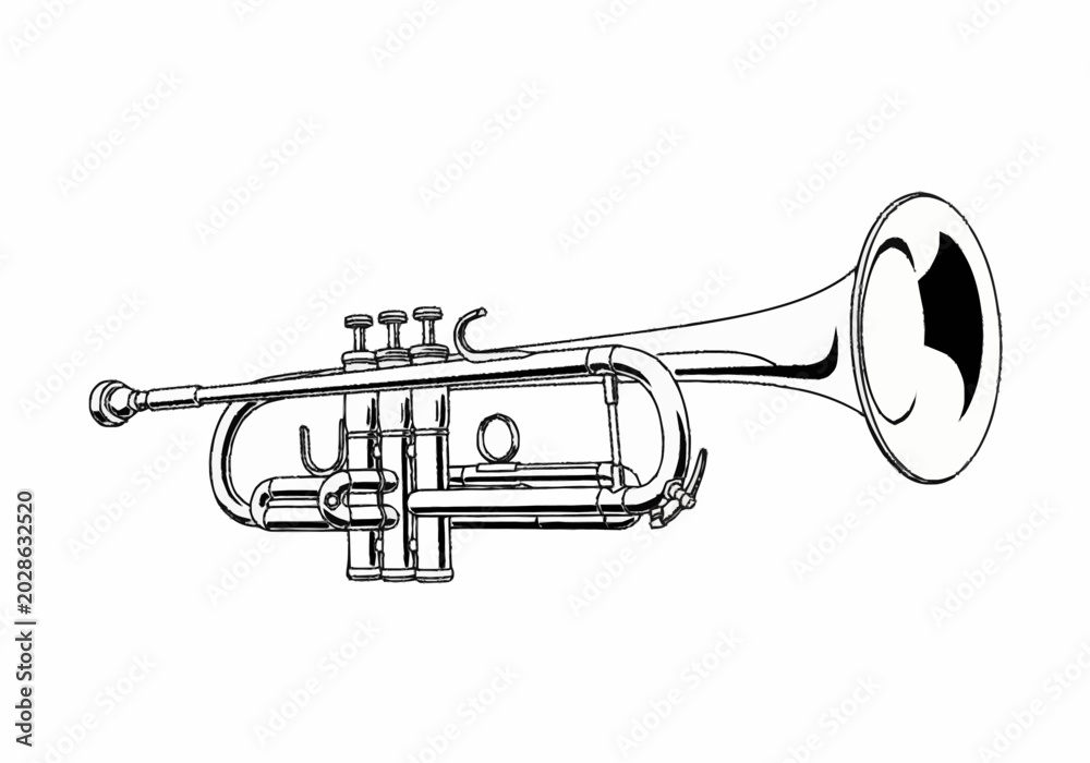 Obraz premium Detailed Line Art Drawing of a Classic Brass Trumpet Musical Instrument.
