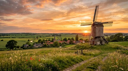 Idyllic windmill in rural countryside during vibrant sunset sky.