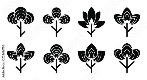 Black flower icons set