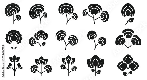 Black flower icons set