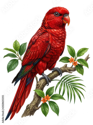 Red parrot clipart on branch with green leaf and orange flower, tropical bird illustration