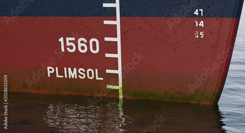 ship hull with plimsoll line and water level markings red and blue paint