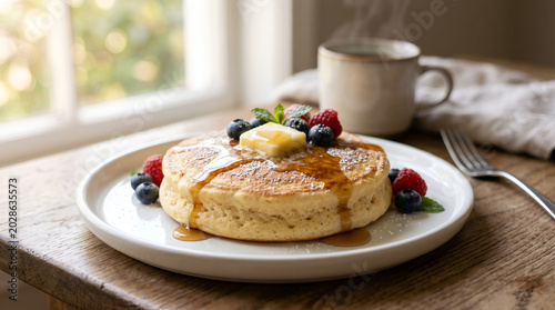 Fluffy Pancake with Melting Butter and Berries Drizzled in Syrup for Morning Brunch