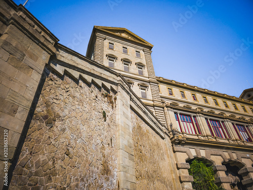 Manresa, Spain - October 1, 2025: Low angle architectural view of the Sanctuary of the Cave of Saint Ignatius in Manresa, Catalonia, Spain. Historic Jesuit pilgrimage complex rising above massive ston